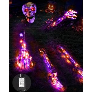 Halloween Decorations Outdoor Skeleton, Realistic Skull 5 Piece Set with 128 LED Lights Graveyard Bone, Glowing Stakes with Limbs for Yard Lawn Garden Party Decor (Orange & Purple)