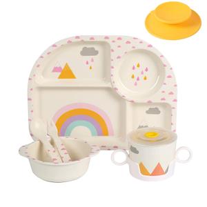 shopwithgreen 7Pcs/Set Bamboo Kids Dinnerware Set - Children Dishes - Food Plate Bowl Cup Spoon Fork Set Dishware, Cartoon Tableware, Dishwasher Safe Kids Healthy Mealtime, BPA Free (Rainbow)