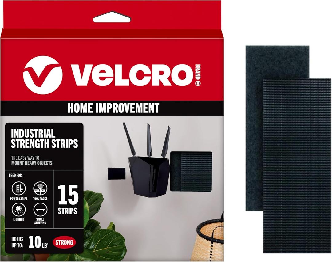VELCRO Brand Heavy Duty Strips with Adhesive | 15 Sets Industrial Strength Mounting Tape | 4x2 Inch Wide Fasteners | Holds 10 lbs | Indoor or Outdoor Use, Black