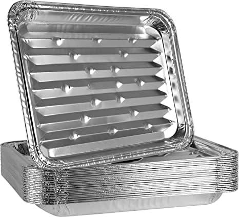 PLASTICPRO 10 Pack Disposable Aluminum Grill Liners Toppers Aluminum Foil Broiler Pans Durable Ribbed Grill Drip Pans 9x13 (Large)