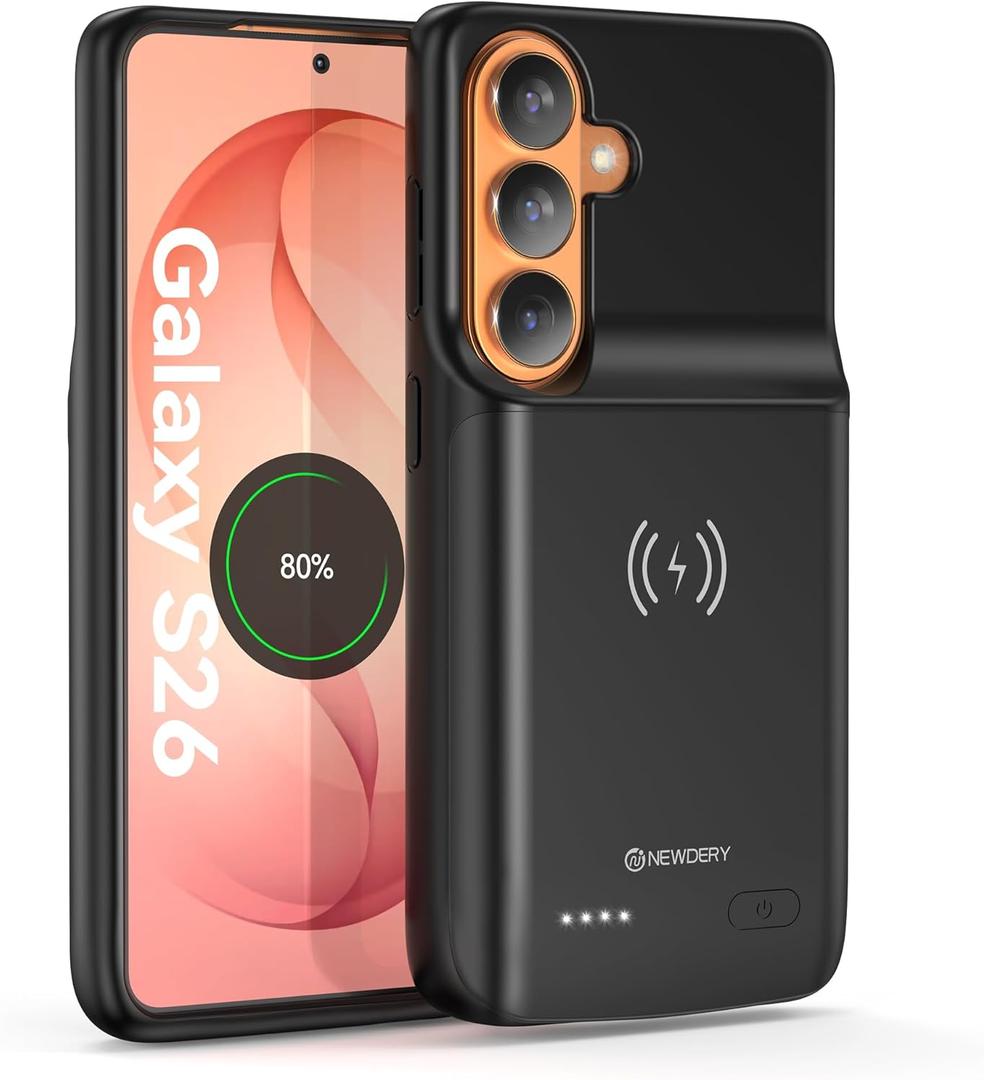 NEWDERY Battery Case for Samsung Galaxy S26 6.3", Qi Wireless Compatible, Slim Protective Portable Charger Case Battery Pack Black