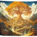 Xolytar Fantasy Landscape Tapestry Golden Elven City - Enchanted World Tree Wall Art, Magical Fairytale Kingdom Decor for Library, Gamer Room, Book Lover (50x60)