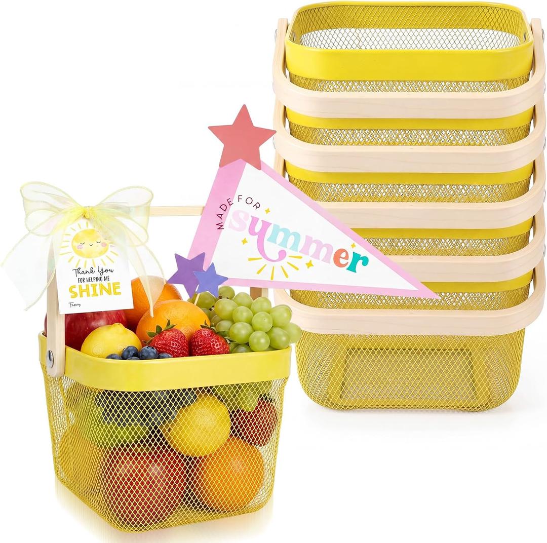 Ferrochef 6 Sets Mesh Storage Basket with Handle, Garden Harvest Basket with Wood Handle, Mesh Gathering Harvest Baskets for Vegetables Fruit Kitchen Garden Picnic Cabinet