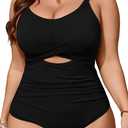 Women's Plus Size One Piece Swimsuit Bathing Suit Tummy Control Cutout Twist Front Push Up Ruched Swim Suit Swimwear (2X, Black)