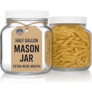 kitchentoolz Half Gallon Mason Jar - Glass Jar Wide Mouth with Airtight Foam Lined Plastic Lid - 1/2 Gallon Jar for Sourdough Starter, Fermenting Kombucha Kefir, Pickling, & Canning 2 Pack