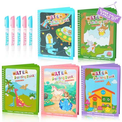 CMTOOP 5 Pack Water Coloring Books for Toddlers 1-3 - Mess Free Painting for Kids & Reusable Magic Water Activity Book - Aqua Art Travel Toys & Educational Arts and Crafts Gifts for Boys Girls Age 2-4