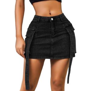 Womens Low Waist Denim Skirt Button Mini Cargo Jean Y2K Skirts with Pockets (Black, L)