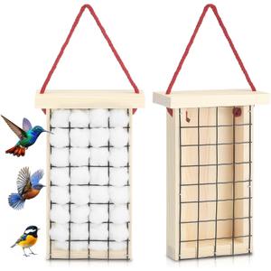 DoubleFill 2 Pack Wooden Hummingbird Nesting Material Alpaca Fiber Bird Nesting Material Holders Refillable Rustic Hanging Helper Cage Wild Birds House for Outdoor Garden Cotton Not Include