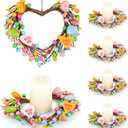 2 x Valentine Candle Rings, 6 Pcs Conversation Heart Decor for Pillar Candles, Pink Felt Mini Wreath with Love Messages for Table, Cabinet, Candy Heart Centerpiece, Wedding & Home Decor