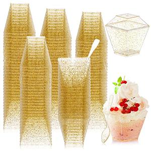 Zheha 50 Pieces 2 oz Mini Plastic Dessert Cups with Spoons and Lids Small Square Disposable Cups Glitter Clear Banana Pudding Cups Serving Tasting Bowls for Appetizer Birthday Wedding Party(Gold)