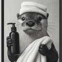 Leeda Framed Funny Black And White Bathroom Wall Art Otter Is Getting Ready For A Bath Bathroom Signs Picture-Cute Animal Art Canvas Prints Ready To Hang (12"L x 8"W)