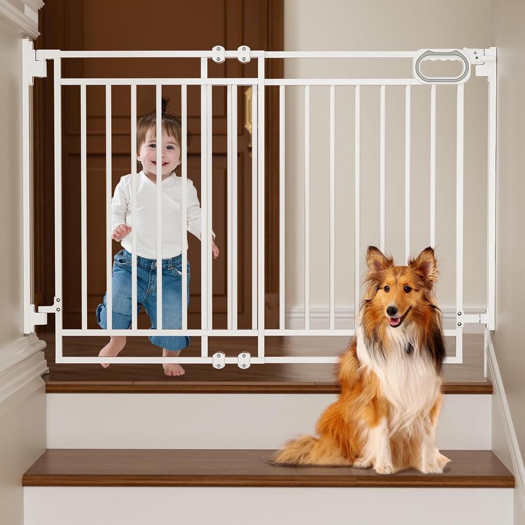 Grownsy Baby Gate for Stairs- No Bottom Bar, Adjustable Width 29.8 to 43.5 for Child and Pet, Dog Gate with Auto-Close & One-Hand Operation, Screw-in Installation for Doorways and Indoor Use (White)