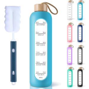 PROBTTL 32 Oz Borosilicate Glass Water Bottle with Time Marker Reminder Quotes, 1 Liter Leak Proof Reusable BPA Free Motivational Water Bottles with Silicone Sleeve and Bamboo Lid (Sky Blue)