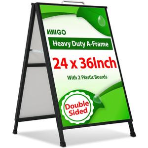 A Frame Sidewalk Sign 24 x 36 Inch Outdoor, Double-Sided Folding Sandwich Board with Handle, Heavy Duty Metal Slide-in A-Frame for Business, Advertising, Party, with 2 Plastic Boards