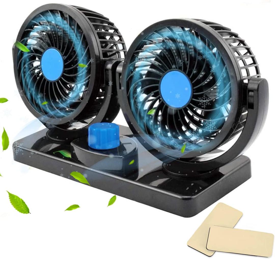 12V Car Fans, 360 Degree Rotatable Car Fan that Blow Cold Air, DC Electric 2 Speed Dual Head Fan, Quiet Strong Dashboard Cooling Air Circulator for Golf RV SUV Vehicles