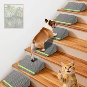 JoyBlooms Dog Ramp for Stairs for Small & Senior Dogs Cats, 40D Density Foam Gentle Slope Non-Slip Dog Stair Ramp with Glow Strip, Pet Ramp with Removable Washable Cover Gray-6pcs