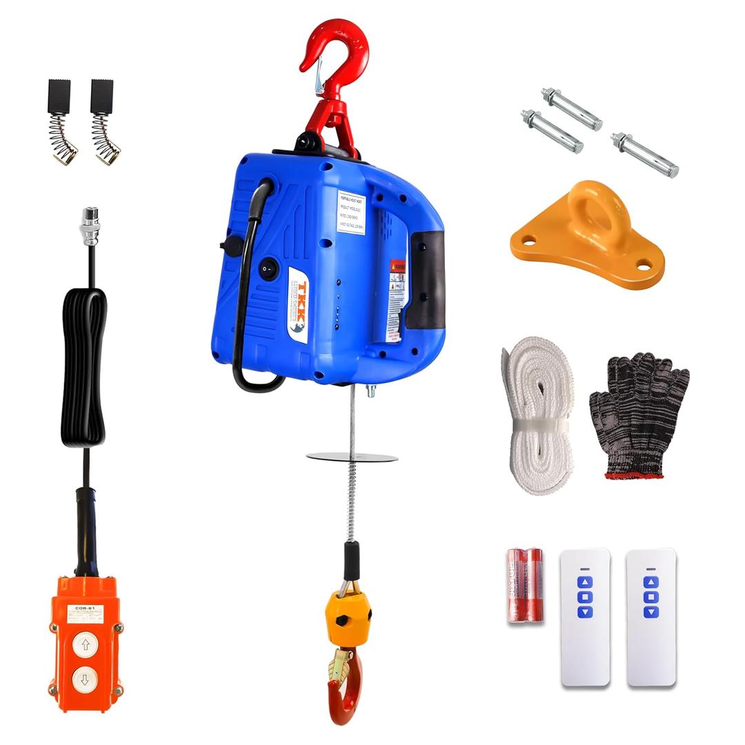 3-in-1 Electric Hoist Winch 1500W Portable Powerful 110V Portable Winch with 1100Lbs Loading Capacity 16 ft/min 25ft Lifting Height Ideal for Warehouses, and Factories (Blue)