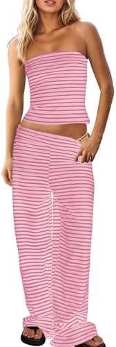 Fnortc Womens Striped Tube Top Low Waist Wide Leg Pants Set Summer Beach Fashion Trendy Two Piece Y2K Outfits Small Fnortc Womens Striped Tube Top Low Waist Wide Leg Pants Set Summer Beach Fashion Trendy Two Piece Y2K Outfits Small