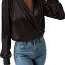 Vrtige Women's Satin Silky Draped Wrap V Neck Ruched Long Sleeve Blouse Shirt Top (Medium, Black)