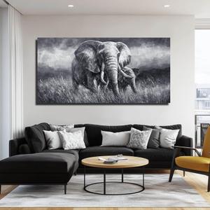 ZHENGYIN Elephant Wall Art 29x58 Inch, Black and White Canvas Print, Large African Safari Animal Wall Art for Living Room, Dining Room, Bedroom, Hallway, Office Decor, Horizontal Elephant Picture