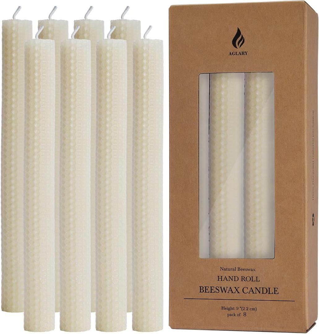 8PCS 9" Hand-Rolled Beeswax Taper Candles, Real Pure Beeswax, Handmade Honeycomb Candles, Flat Top, Cream