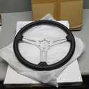 14 inch/350mm Genuine Leather Steering Wheel with Silver Spokes Flat Drift Racing Steering Wheel White Stitching