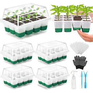 Reusable Seed Starter Tray, 4 Pack Silicone Seed Starter Kit for Starting Plant Seeds with Humidity Adjustable Dome and Lid, Indoor Seed Starting Supplies with Water Spray Bottle for Plants, BPA-Free