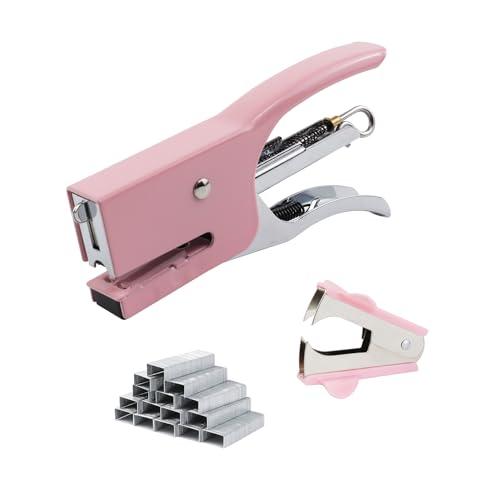 Aacehlh Small Hand-held Stapler Set, 15 Sheet Capacity, Includes 750Pcs Staples and A Staple Remover, Mini Desktop Stapler for Office, School, Home or Travel Use. (Pink)