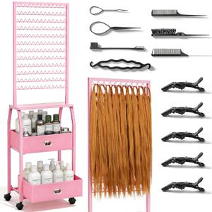 Portable Braiding Hair Rack with Wheels & Storage Drawers,2Sided 288 Pegs,Hair Extension Holder Hanger for Braiding Hair Separator Stand Display,Hair Rack with Stylist Hair braiding Tools（Pink）