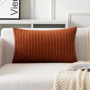 UGASA Fall Velvet 12x20 Inch Lumbar Soft Throw Pillow Cover Boho Farmhouse Decorative Corduroy Striped Both Sides Solid Rectangular Cushion Case for Couch Bedroom Sofa Home, 1 Piece, Burnt Orange