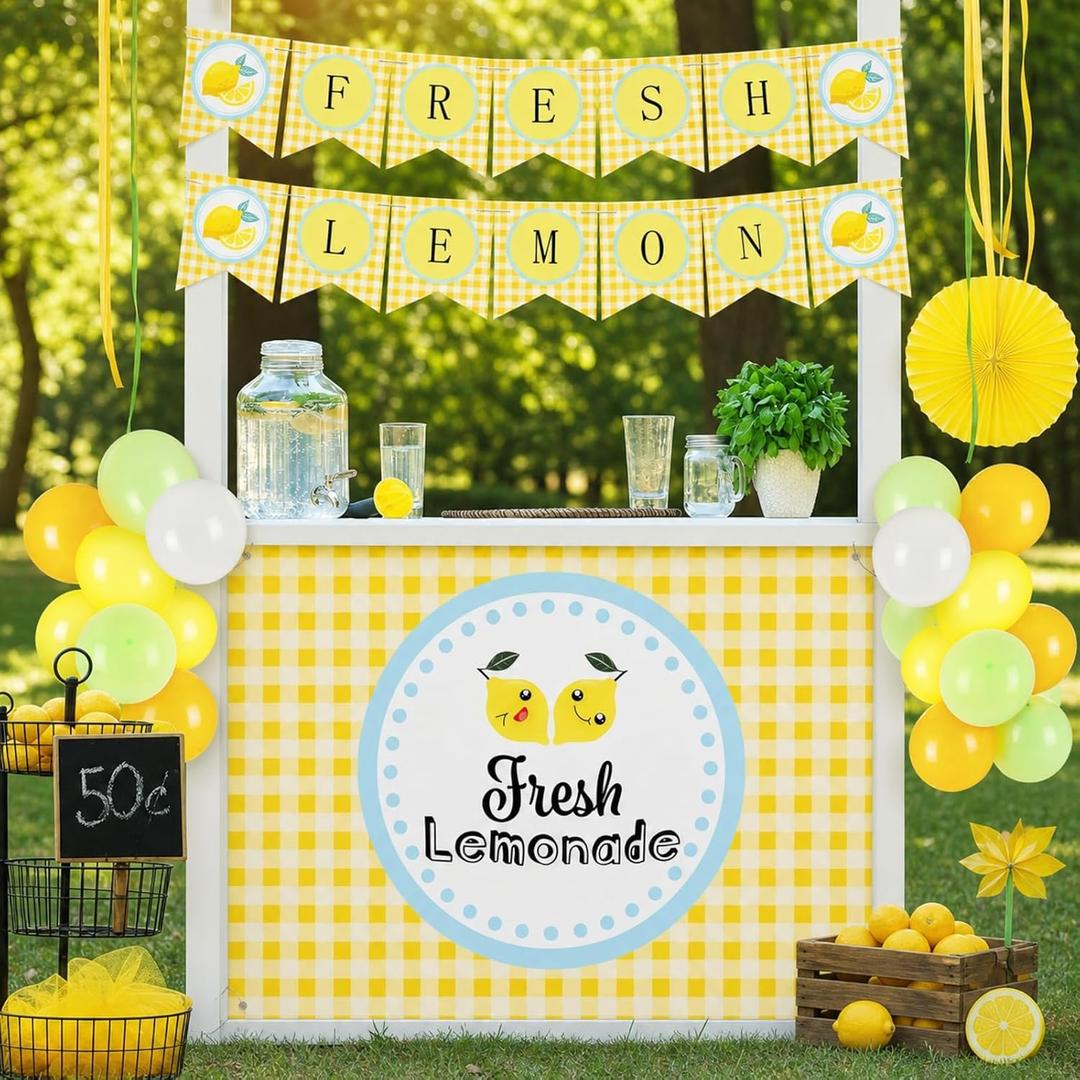 3 x RoundFunny 43 Pcs Lemonade Stand Supplies 45" x 31" Tablecloth, 2 Fresh Lemon Garland, 40 Balloons for Fresh Squeezed Lemonade Stand Decorations Kit Summer Picnic Lemon Birthday Party(Yellow,Check), 45 x 32 inches