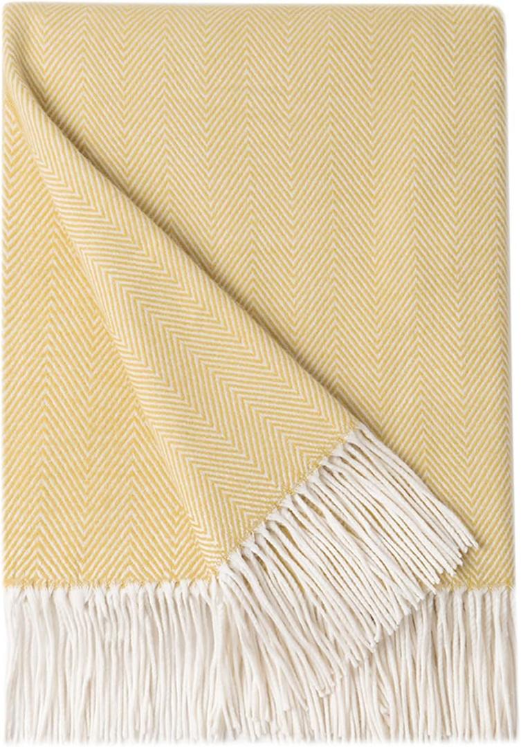 BOURINA Decorative Herringbone Faux Cashmere Fringe Throw Blanket Lightweight Soft Cozy for Bed or Sofa Farmhouse Outdoor Throw Blankets, 50" x 60", Light Yellow