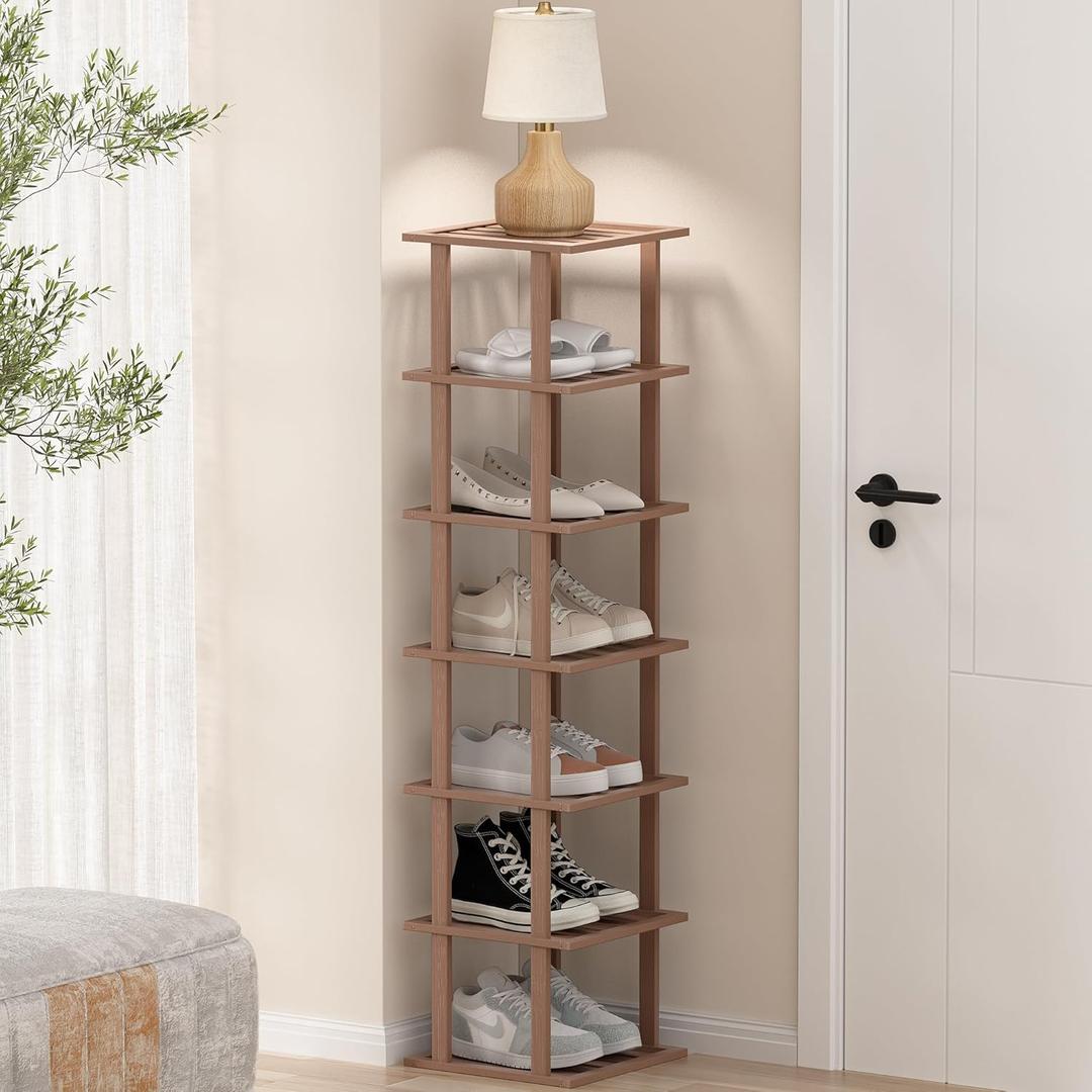 Bamboo Shoe Rack for Front Door Entrance, Brown Vertical Shoe Rack - Tall Narrow Shoe Rack Organizer for Small Spaces, Wooden Shoe Shelf for Closet and Entryway, Space Saving 7 Tier Stackable