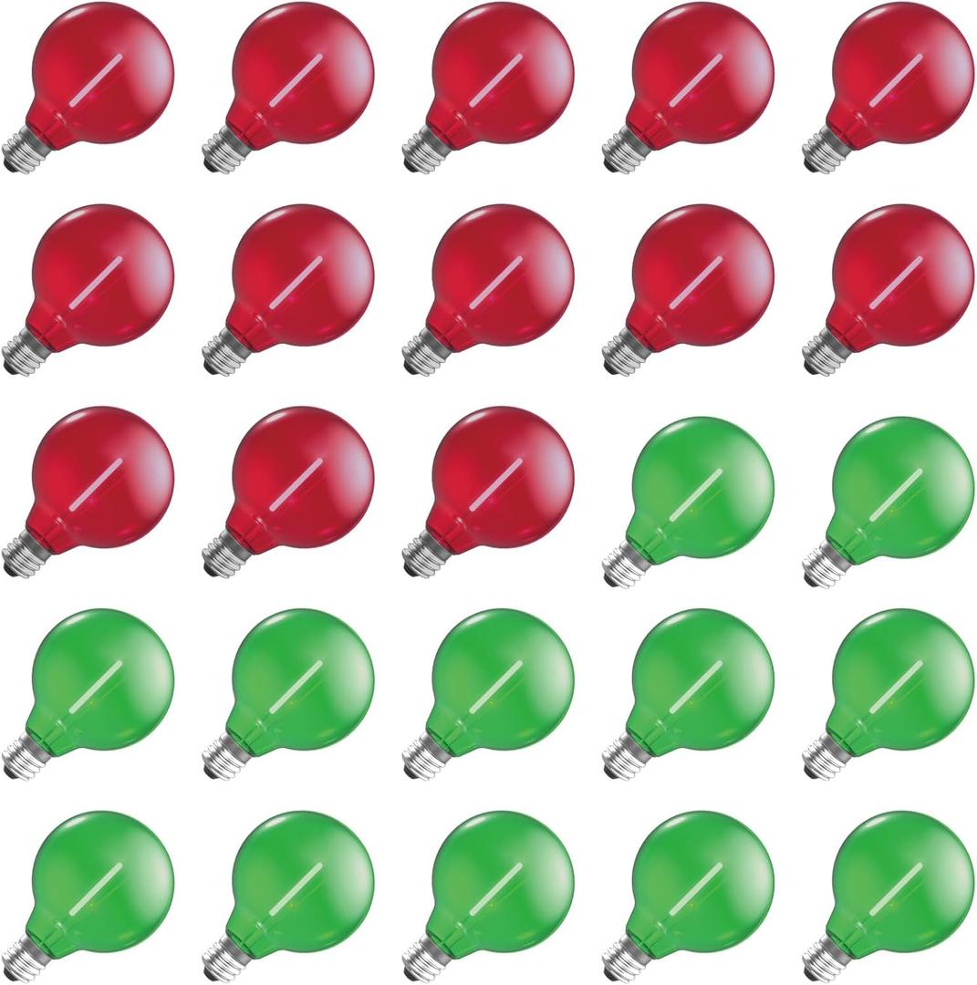 Red Green G40 Replacement Light Bulbs for Christmas Lights, 1 Watt Shatterproof 1.57 Inches LED Globe Light Bulbs for Indoor Outdoor String Lights, E12/C7 Candelabra Base,25Pack