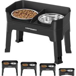 URPOWER 3-in-1 Elevated Dog Bowls - Mess Proof Double Deck 4 Height Adjustable Raised Stand with 2 Stainless Steel Food Bowls & Licking Plate for Small, Medium & Large Dogs (Black)