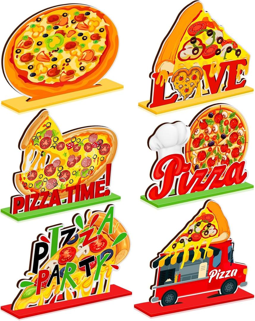 Suzile 6 Pcs Pizza Party Decorations Wooden Pizza Table Centerpieces Birthday Party Favors Decorations for Home Baby Shower Supplies