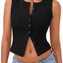 Trendy Queen Womens Ribbed Button Down Sleeveless Shirts Summer Going Out Cropped Tank Top (Small, Black)