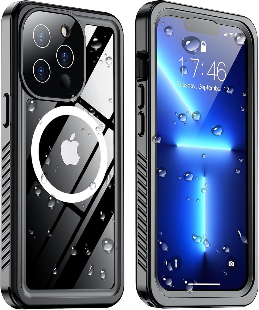 Temdan Magnetic for iPhone 13 Pro Max Case Waterproof,Built-in Screen Protector[IP68 Underwater][Upgrade Military Dropproof][Compatible with MagSafe] Full Body Shockproof Translucent Case 6.7''-Black