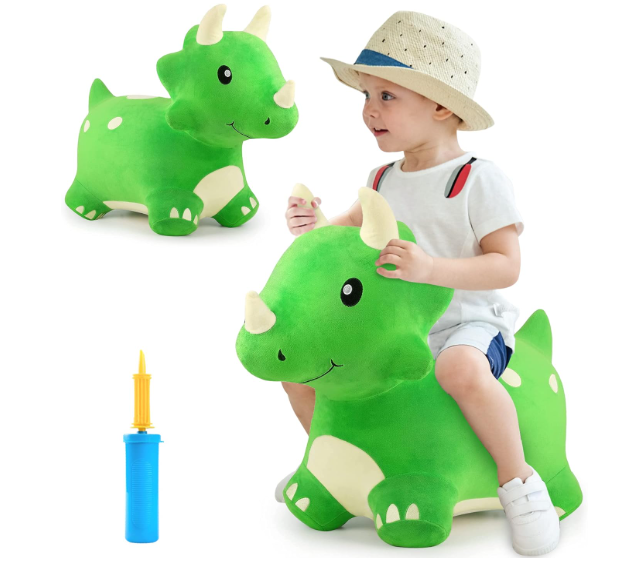 iPlay, iLearn Bouncy Pals Dinosaur Hopper Toy 2 Year Old Boy, Toddler Plush Bounce Animals, Ride on Bouncing Triceratops for Kids, Outdoor Hopping Horse Bouncer, Cool Birthday Gifts 3 4 5 6 Yr Girls 