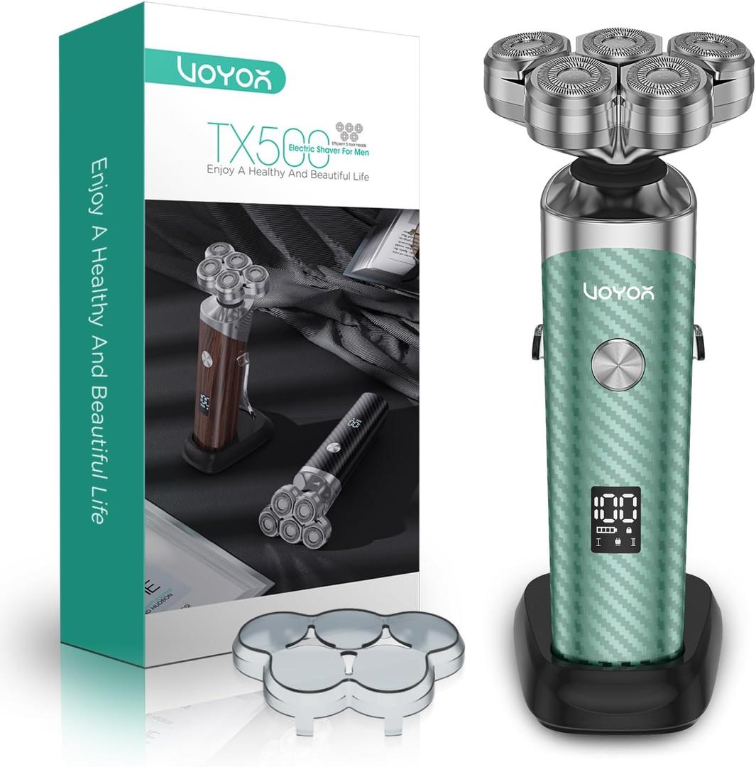 VOYOR Electric Razor for Men - 5D Floating Shavers for Men Magnetic Electric Shaver Rechargeable Face Shaver LED Display Wet Dry Shaving IPX6 Waterproof Mens Rotary Razor TX500 (Green)