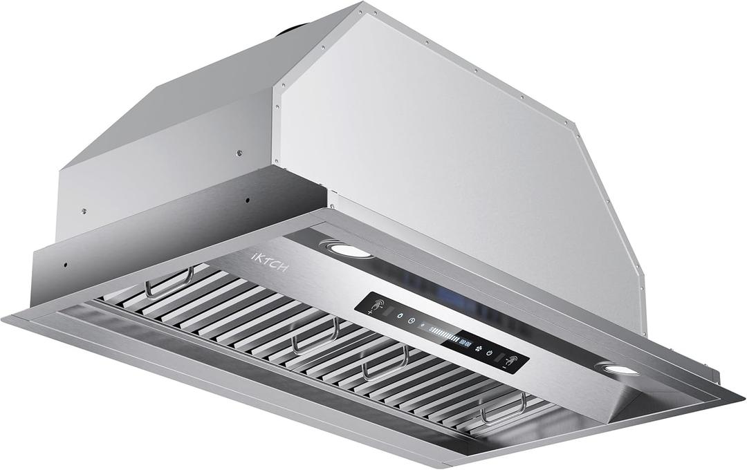 IKTCH 30 inch Built-in/Insert Range Hood 900 CFM, Ducted/Ductless Convertible Duct, Stainless Steel Kitchen Vent Hood with 2 Pcs Adjustable Lights and 2 Pcs Baffle Filters with Handlebar