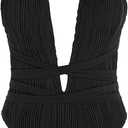 ZAFUL Women's One Piece Swimsuit Deep V Neck Ribbed Self Tie Sexy High Cut Bathing Suit Crisscross Back Swimwear (Black, Small)