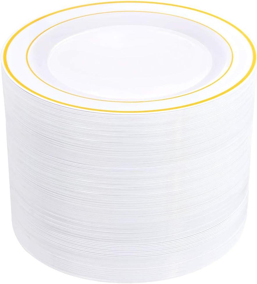 BUCLA 100Pieces Gold Plastic Dinner Plates - 10.25inch White and Gold Plates Disposable for Party - Ideal for Wedding, Party & Daily Use
