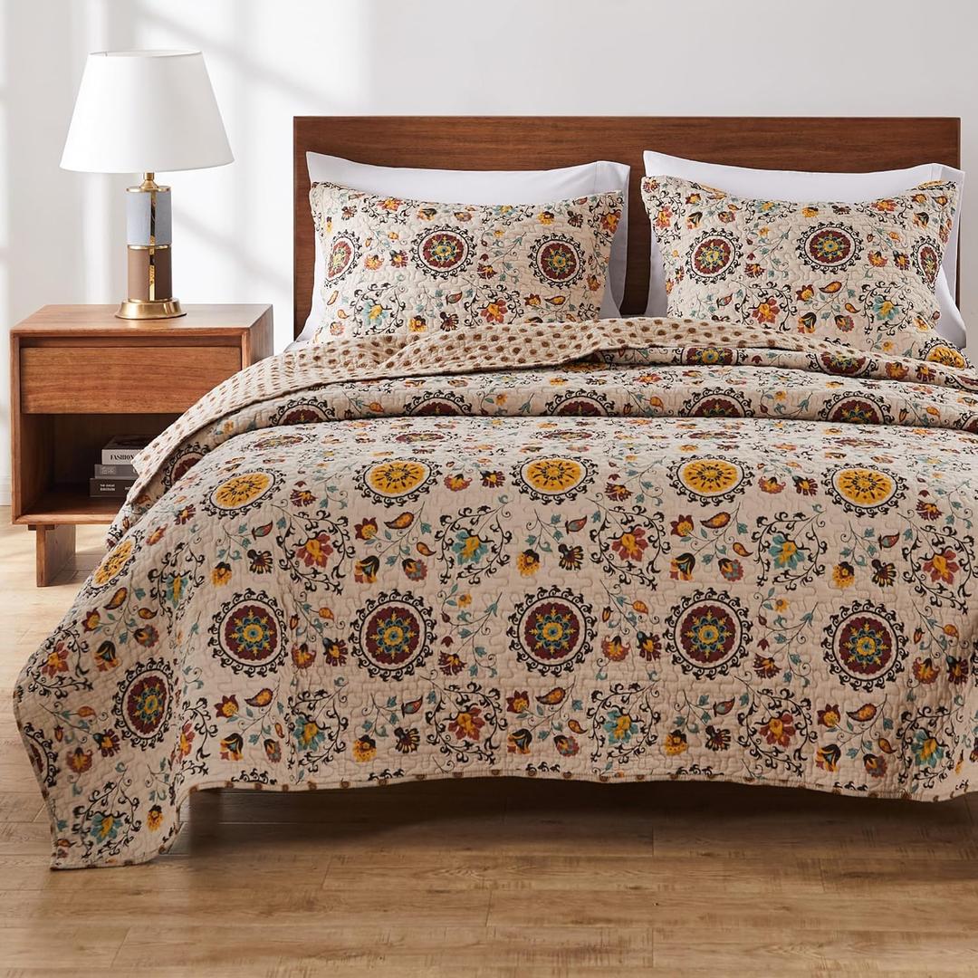 Greenland Home Andorra 100% Cotton Reversible Suzani Quilt Set, Full/Queen (3 Piece)