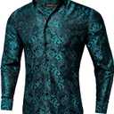 DiBanGu Mens Silk Paisley Dress Shirts,Long Sleeve Button Down Shirt Casual Regular Fit Shirt for Men Wedding Party (Green, XXL)