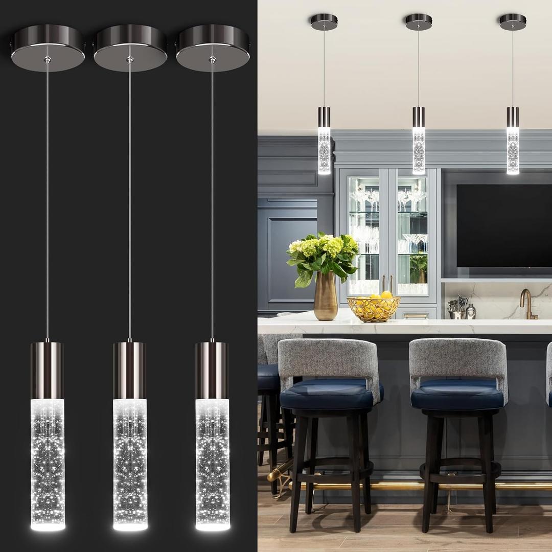 OKELI Modern Pendant Lights, LED Bubble Crystal Kitchen Island Lights Fixtures, Black Mini Single Pendant Lighting for Kitchen Island Bar,6W,6000K, ETL,3Pack (9.8inch-3P)