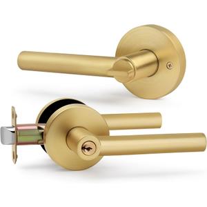 Brushed Gold Entry Door Handle with Lock and Keys, Round Design Heavy Duty Gold Interior Door Lever with Satin Brass Finish, Reversible for Left/Right Handed for Entrance and Front Door (1 Pack)