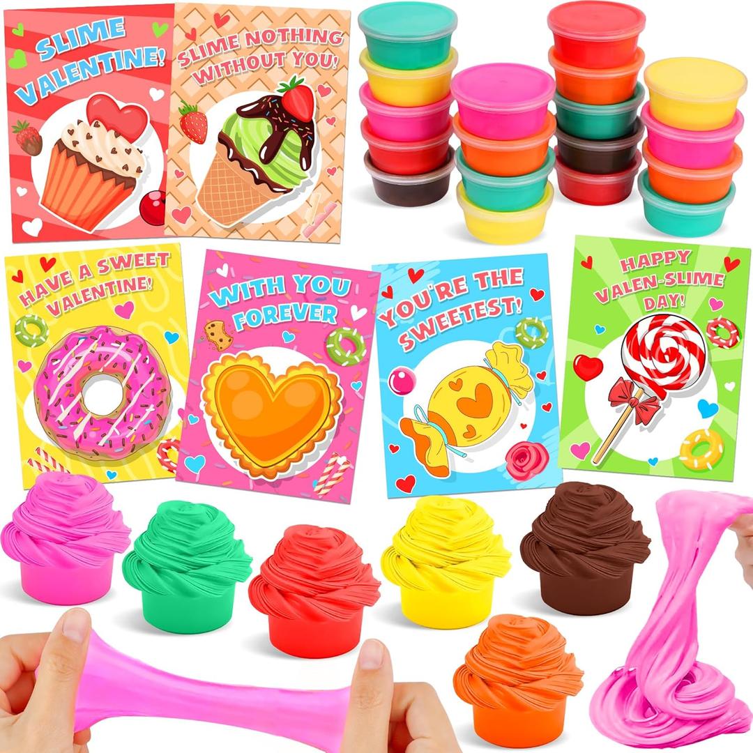 24 Pack Valentines Day Gifts for Kids Classroom Butter Slime Stress Relief Fidget Toys with Valentines Cards for Kids School Valentines for Kids Class Exchange Gifts Prizes Party Favors for Boys Girls