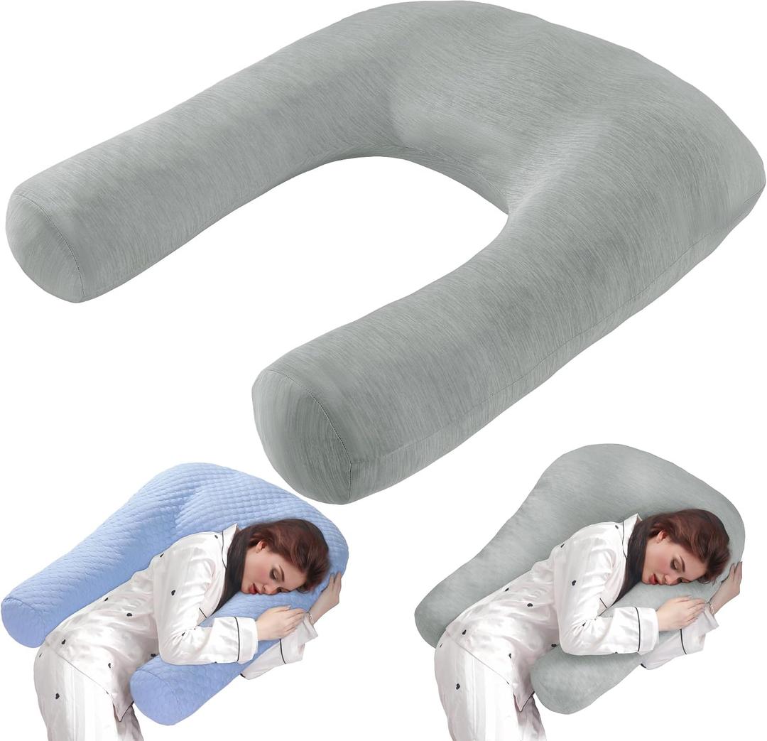 HOMBYS Cooling U Shaped Pillow for Neck, Contour Shoulder Pillow for Side Sleepers, Ergonomic Body Pillows for Adults, Hug Pillow with Washable Cover for Back, Shoulder Pressure Reduce (Light Grey), 29.5"x25.5"x5.9