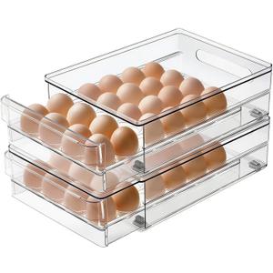 vacane Egg Holder for Refrigerator, 48 Capacity Clear Egg Storage Drawer with Non-Slip Pads, Stackable BPA-Free Egg Organizer Tray for Fridge, 2 Pack-Clear